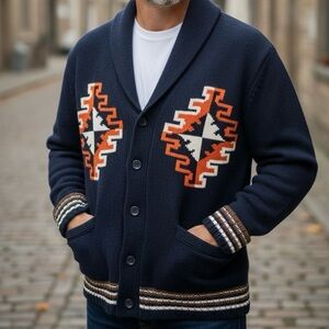 Lucky Brand Aztec Southwest Style Wool Cardigan Navy Rust Sz XXL